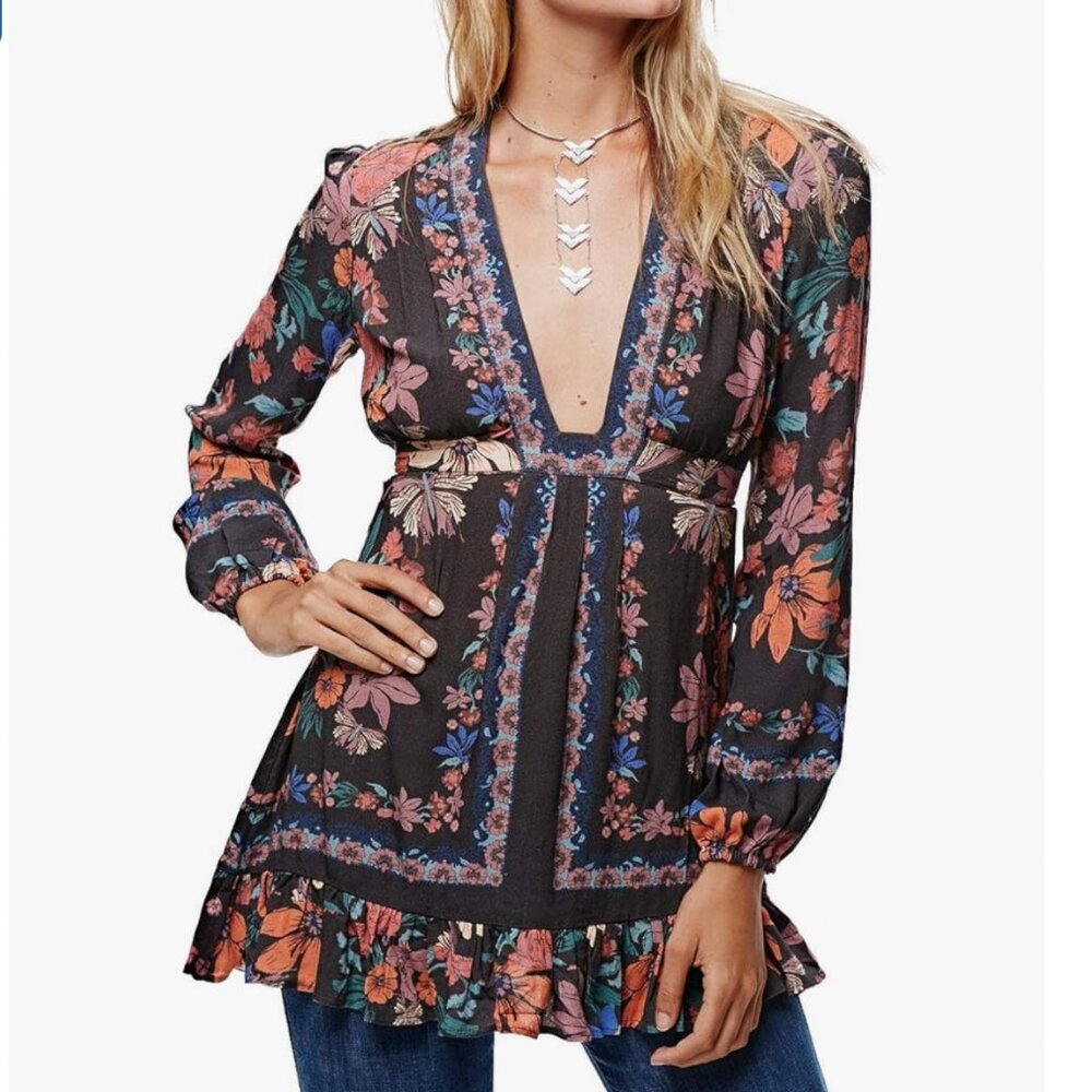 Free People Womens Violet Hill Printed Tunic Plunging Neckline top 6 M